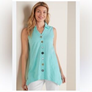 Soft Surroundings Danielle Aqua Blue Knit Asymmetric Button Tank Top Blouse Sz M